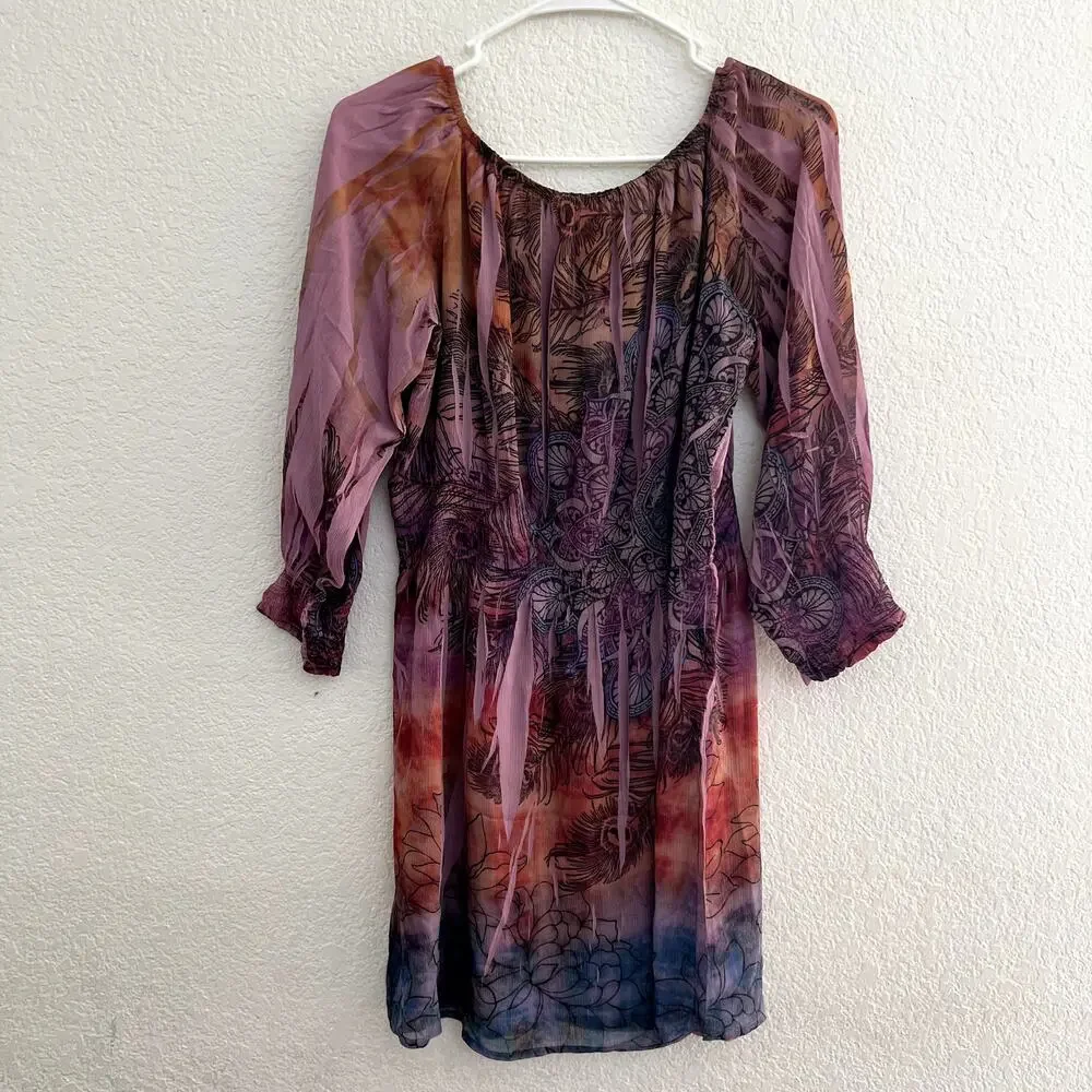 UNITY WORLD WEAR Women's M Babydoll Pink Mix Media Print Tunic Blouse Y2k Sheer - Picture 3 of 5